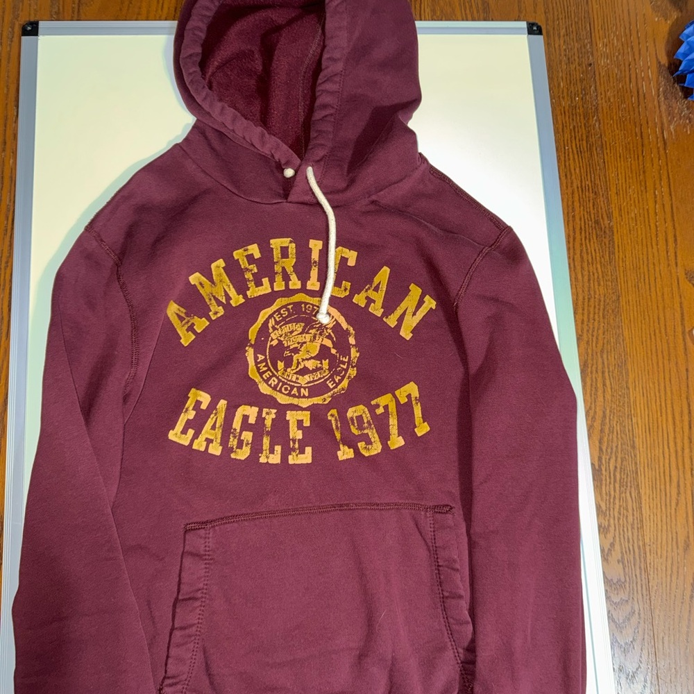 American Eagle Outfitters Men's Maroon Crewneck Hoodie with Yellow Logo